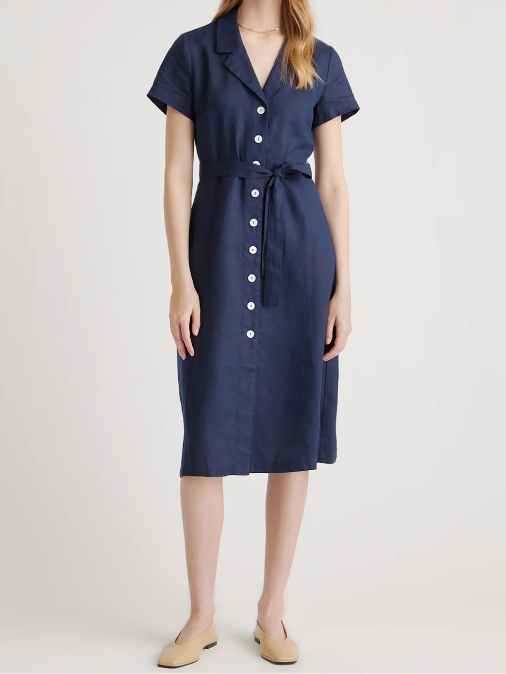 Quince European Linen Button Front dress L Deep Navy
